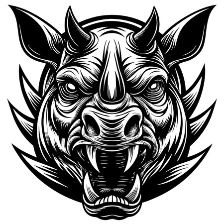 Bold rhino head illustration with horns and fierce expression, set against radiating elementsのイラスト素材