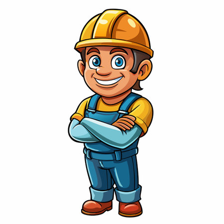 Smiling cartoon builder with crossed arms, wearing a yellow hard hat and blue overallsのイラスト素材