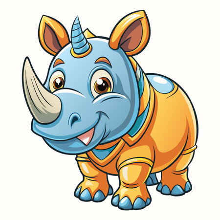 Cartoon rhino with armor, blue skin, and a unicorn horn smiling happily on a white backgroundのイラスト素材