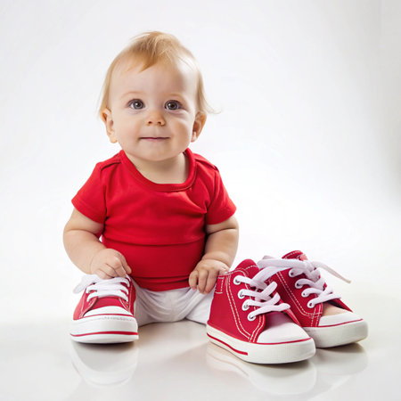 Baby sitting next to red shoes with white laces, on white backgroundの素材