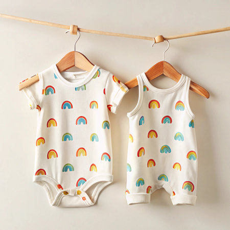Baby clothes rainbow patterned bodysuit &amp; romper hang on wooden hangers against an off-white wallの素材