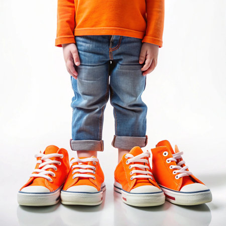 Small person standing wearing too-big shoes, jeans, &amp; orange shirtの素材