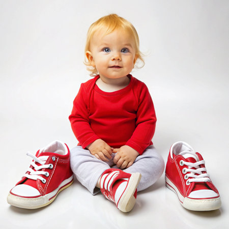 Child sits with big red shoes, red shirt, and gray pants, looking up, on a clean, bright surfaceの素材