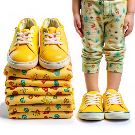 Child&#39;s yellow shoes sit on folded patterned clothes, beside legs wearing matching shoes and patterned pantsの素材