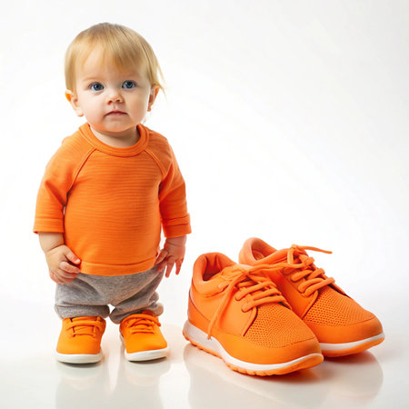 Infant stands beside oversized orange shoes, wearing orange clothes, on white backgroundの素材