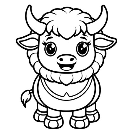 Cute cartoon bull. Big eyes, smile. Black and white line art drawingのイラスト素材