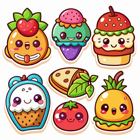 Cute cartoon food stickers featuring fruits, ice cream, sandwiches, and desserts with happy facesのイラスト素材