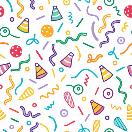 Festive pattern of party hats, streamers, and confetti on a white backgroundのイラスト素材