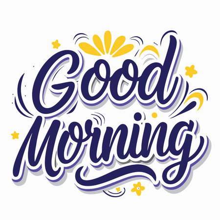 Good Morning stylized text with flower and star details. Purple, yellow, and white color paletteのイラスト素材