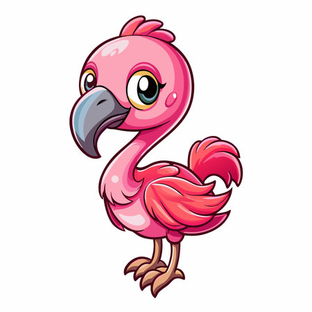 Cute, pink cartoon flamingo with big, bright eyes on a white backgroundのイラスト素材