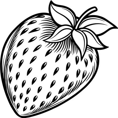 Detailed line art ripe strawberry with seeds and leaves. Isolated vector illustrationのイラスト素材