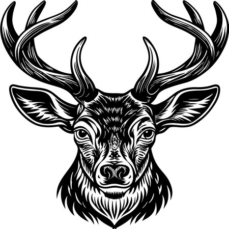 Antlered deer illustration. Intricate lines detail facial features, creating a striking black and white designのイラスト素材