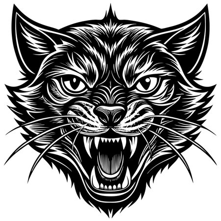 Fierce feline head illustration. Detailed lines create a bold, intimidating cat visageのイラスト素材