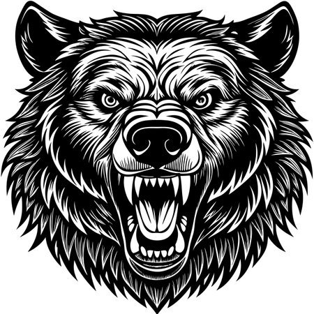 Aggressive bear head with detailed fur and sharp teeth, rendered in black and whiteのイラスト素材