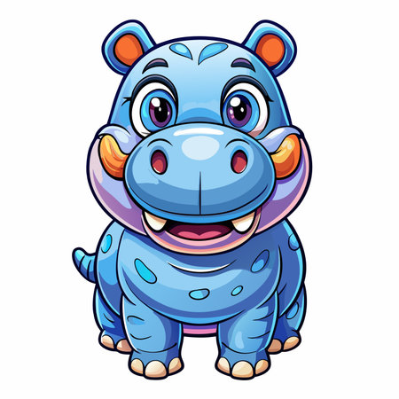 Cute blue cartoon hippopotamus with big eyes and a friendly smile, isolated on whiteのイラスト素材
