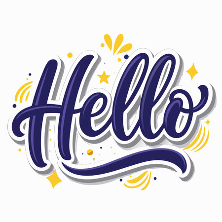 Hello&quot; in script font with stars and graphic flourishes. Cheerful design with playful typographyのイラスト素材
