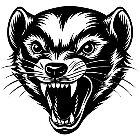 Ferocious animal head. Angry expression with visible teeth in black and whiteのイラスト素材