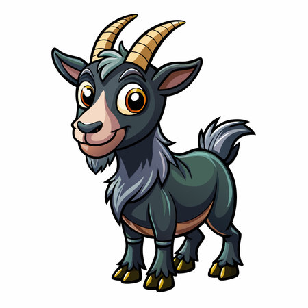 Cartoon goat illustration with curved horns, friendly expression, and grey-black coatのイラスト素材
