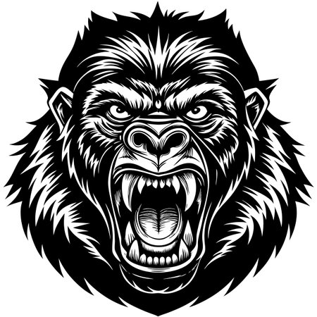 Furious gorilla portrait. Fierce expression, sharp teeth, intense eyes, monochrome illustrationのイラスト素材