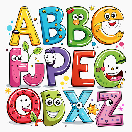 Cartoon alphabet characters with playful designs and expressive facial features against a white backgroundのイラスト素材