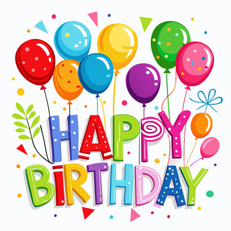 Cheerful &#39;Happy Birthday&#39; graphic with colorful balloons, confetti, and playful letteringのイラスト素材