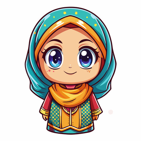 Cute cartoon girl wearing a turquoise hijab and yellow scarf with big eyesのイラスト素材