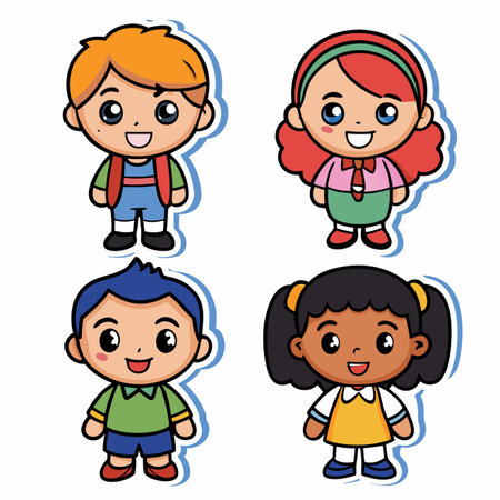 Cartoon diverse kids. Happy, smiling children in cute outfits. Cheerful, colorful, flat designのイラスト素材