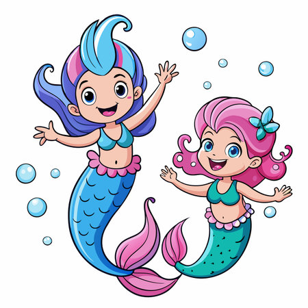 Cartoon mermaids swimming together, vibrant hair and tails, cheerful expressions, bubblesのイラスト素材