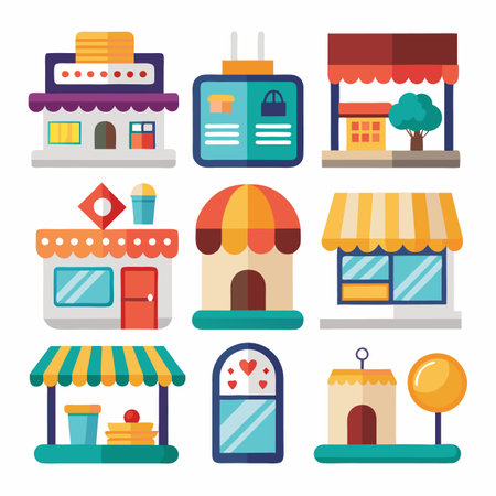 Vector illustration of nine uniquely-designed storefront buildings on a white backgroundのイラスト素材