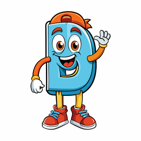 Cartoon letter D character with a cap, smiling, waving, and wearing sneakersのイラスト素材