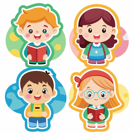 Kids read books. Four smiling children in bright colors holding books with patterned backgroundsのイラスト素材