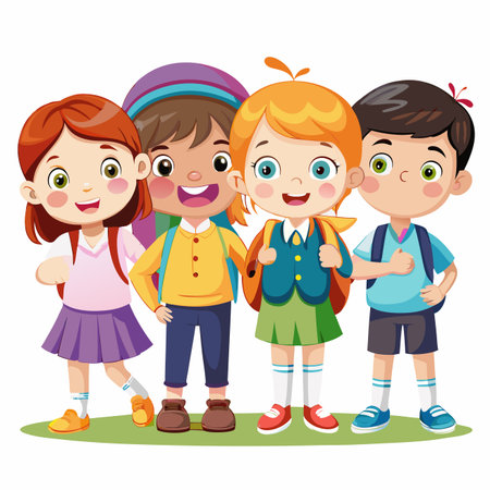 Diverse cartoon kids with backpacks, smiling on grassのイラスト素材