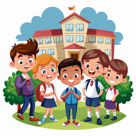 Students smiling in front of their school with a cloudy skyのイラスト素材