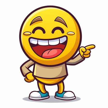 A cartoonish smiley face character laughing and pointing with a tan shirt and blue and white shoesのイラスト素材
