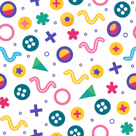 Playful pattern with geometric shapes and dots in bright colors on a white backgroundのイラスト素材