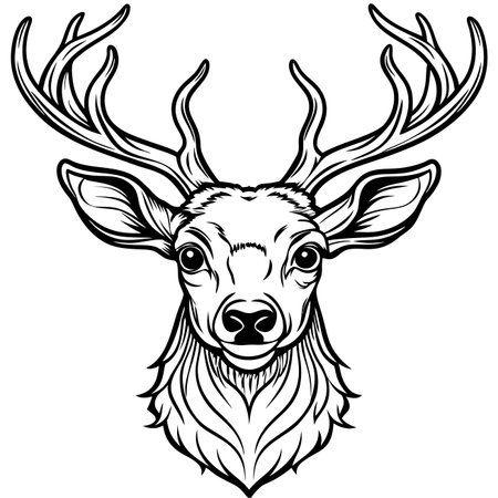 Deer head illustration. Detailed linework, symmetrical, with majestic antlers, black and white vectorのイラスト素材