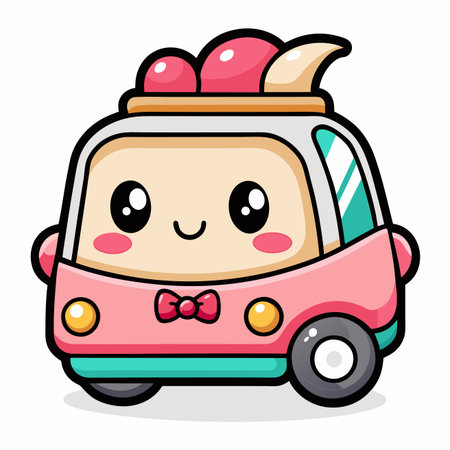 Cute, stylized ice cream truck cartoon with adorable facial featuresのイラスト素材
