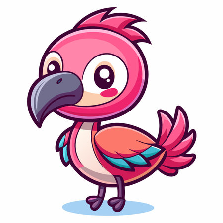 Cute cartoon bird with pink feathers and big eyes standing on white backgroundのイラスト素材