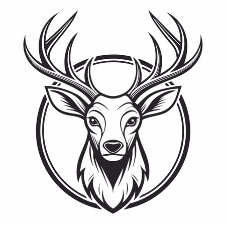 Elegant stag portrait; detailed lines capture animalistic essence within circular framingのイラスト素材