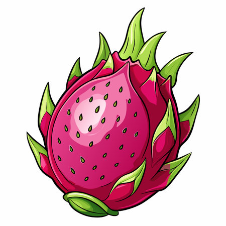 Vivid cartoon drawing of a bright pink dragon fruit with green tipped leavesのイラスト素材
