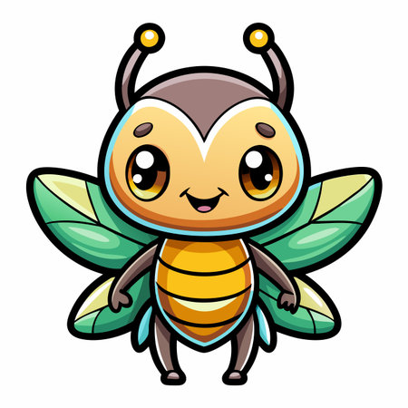 Cute insect cartoon. Body striped. Wings like leaves. Big eyes, smiling faceのイラスト素材