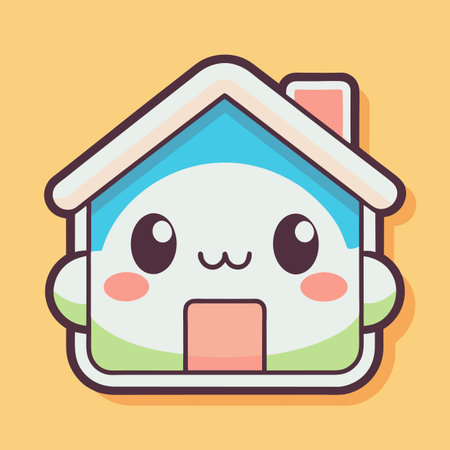 Cute house icon illustration with round cheeks, simple design, and pastel colors on a yellow backgroundのイラスト素材