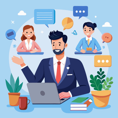 Online meeting. People communicate with each other via video call on a laptop, surrounded by plantsのイラスト素材