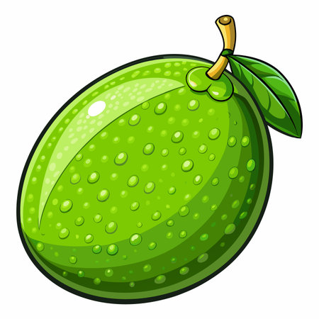Juicy green fruit with water droplets, stem, and leaf. Bright, cartoonish illustrationのイラスト素材