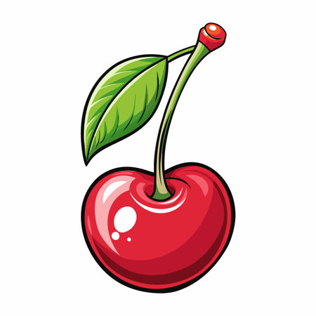 Shiny red cherry with green stem and leaf, isolated on white backgroundのイラスト素材