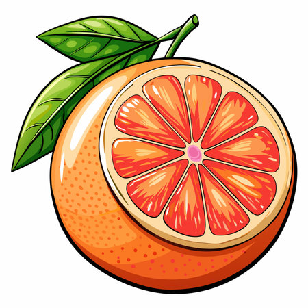 Sliced grapefruit illustration with leaves, orange peel, and pink segmentsのイラスト素材
