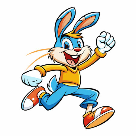 Cheerful blue cartoon rabbit running, with a yellow sweater, against a white backgroundのイラスト素材