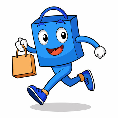 Running blue bag character holding a small shopping bag, cartoon style, joyfulのイラスト素材
