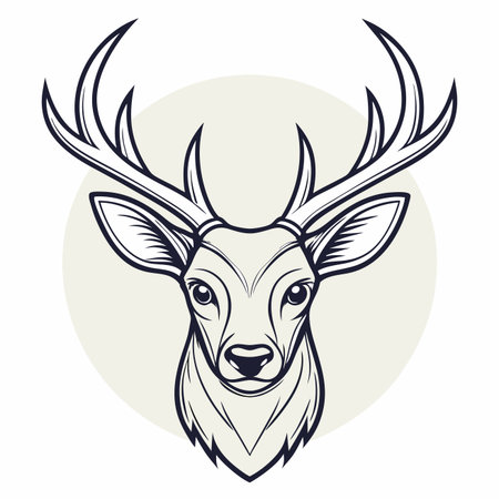 Detailed, line art deer head with large antlers, on a neutral circle backgroundのイラスト素材