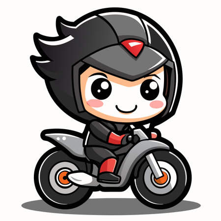 Cute cartoon biker character with helmet riding a motorcycle, smiling, on a white backgroundのイラスト素材